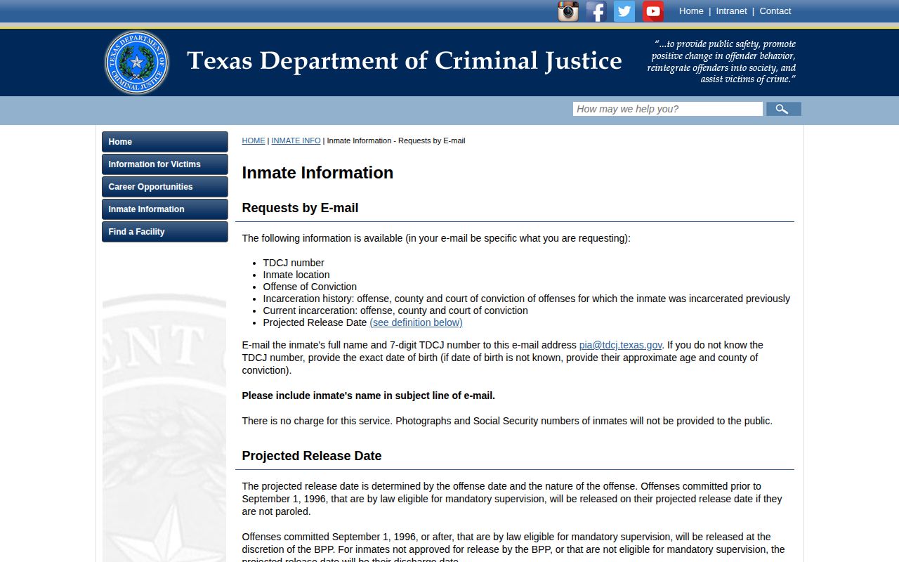 TDCJ email lookup for a Morris County projected release date