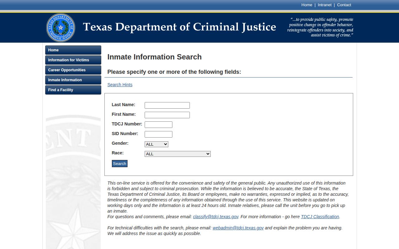 TDCJ offender search form for a Morris County release record